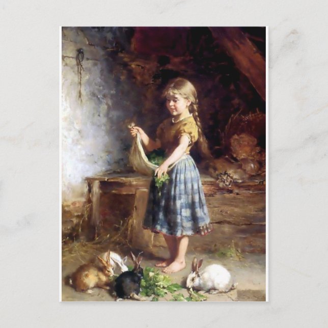 Girl feeding Rabbits Bunnies painting Postcard (Front)
