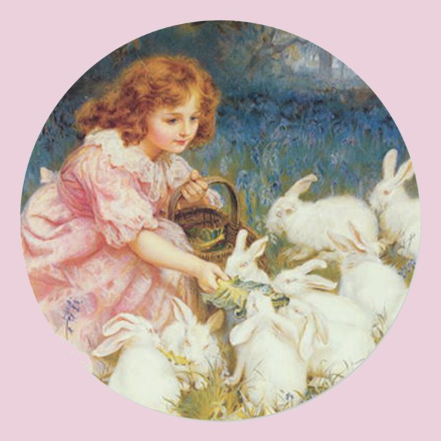 Girl feeding Rabbits Classic Round Sticker (Creator Uploaded)