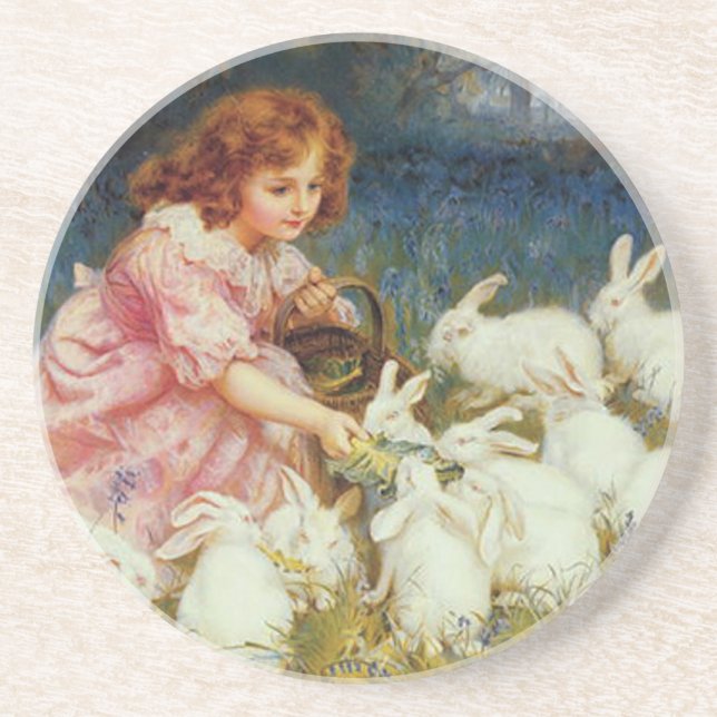 Girl Feeding Rabbits Coaster (Front)