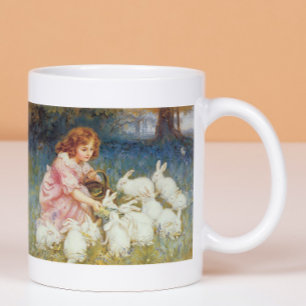 Girl feeding rabbits coffee mug