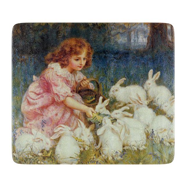 Girl feeding rabbits cutting board (Front)