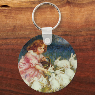 Girl feeding Rabbits Key Ring