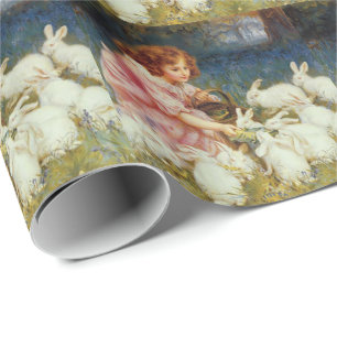 Girl feeding rabbits wrapping paper