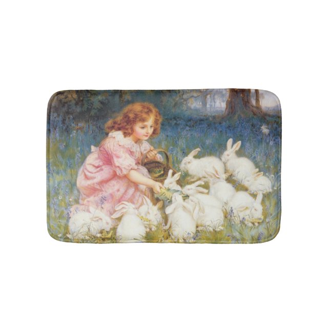 Girl Feeding the Rabbits (by Frederick Morgan) Bath Mat (Front)