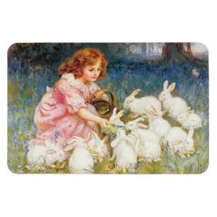 Girl Feeding the Rabbits (by Frederick Morgan) Magnet