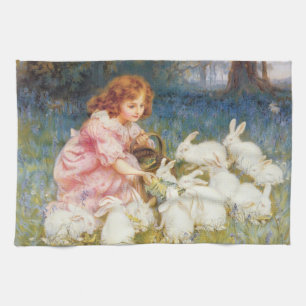 Girl Feeding the Rabbits (by Frederick Morgan) Tea Towel