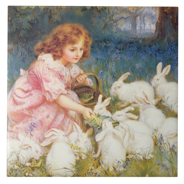 Girl Feeding the Rabbits (by Frederick Morgan) Tile (Front)