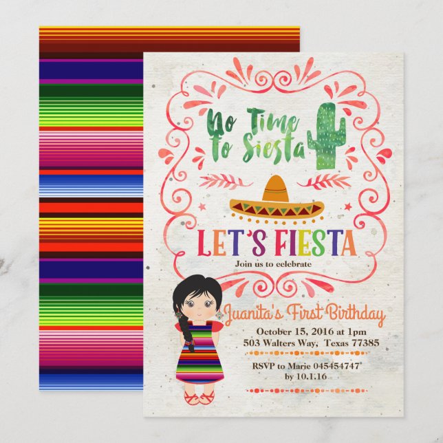 Girl Fiesta 1st Birthday Invitation (Front/Back)