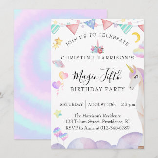 Girl Fifth Birthday Party Magic Unicorn Invitation