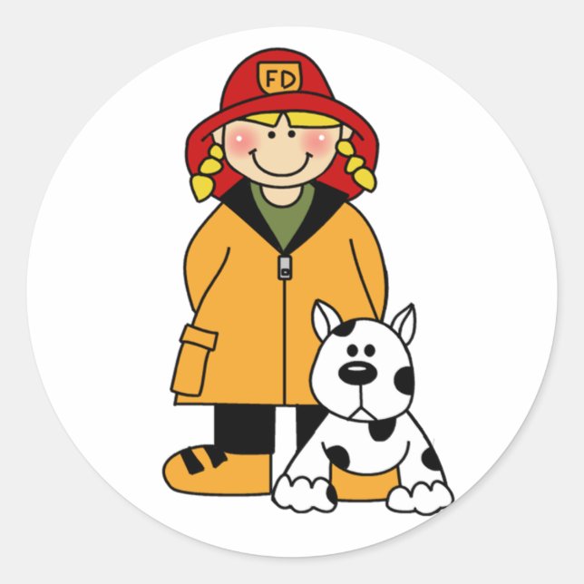 Girl Firefighter with Dalmation Classic Round Sticker (Front)