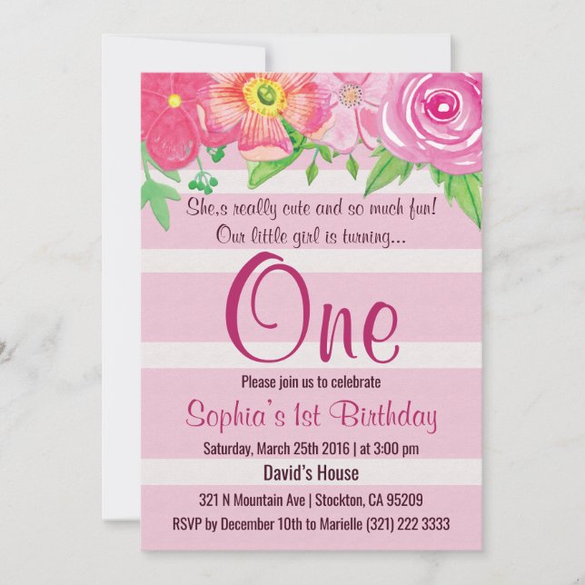 Girl First 1st One Birthday Party Invite (Front)
