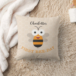 Girl First Birthday 1st Bee-Day Cute Honeybee Cushion