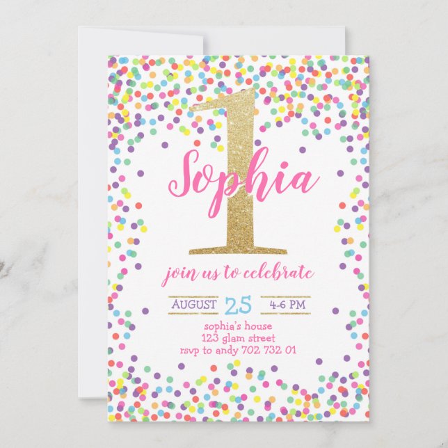 Girl First Birthday Colourful Confetti Gold Number Invitation (Front)