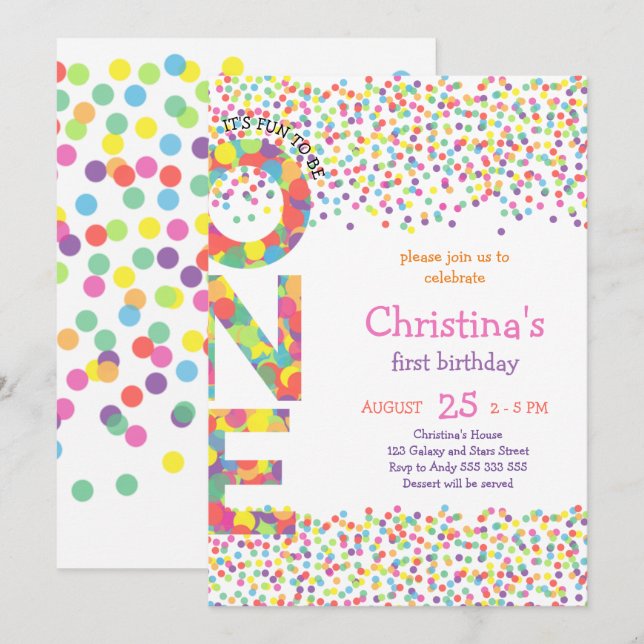 Girl First Birthday Confetti Rainbow Colourful Cut Invitation (Front/Back)