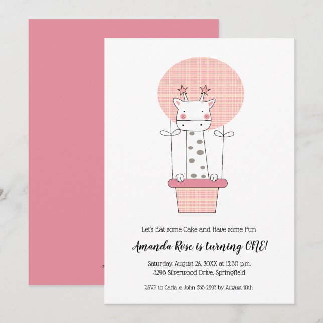 Girl First Birthday Giraffe Invitations (Front/Back)