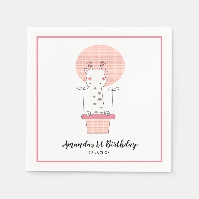 Girl First Birthday Giraffe Party Napkins (Front)
