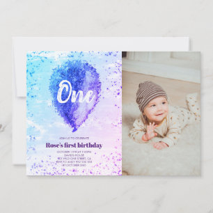 Girl First Birthday Glitter Ombre Balloon Photo Invitation