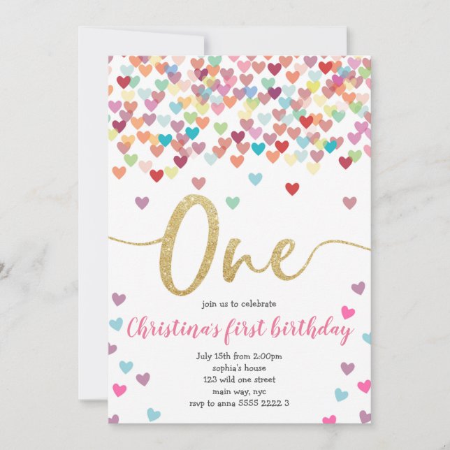 Girl First Birthday Hearts Rainbow Shower Glitter Invitation (Front)