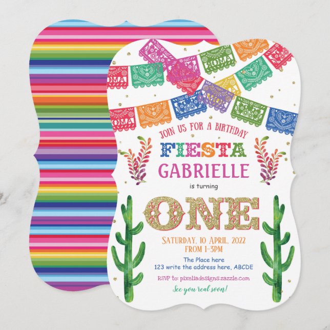 Girl First Birthday Invitation, Mexican, Fiesta Invitation (Front/Back)