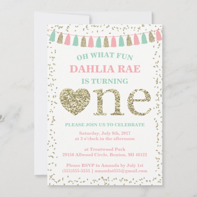 Girl First Birthday Invitation Pink Mint Gold (Front)