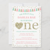 Girl First Birthday Invitation Pink Mint Gold