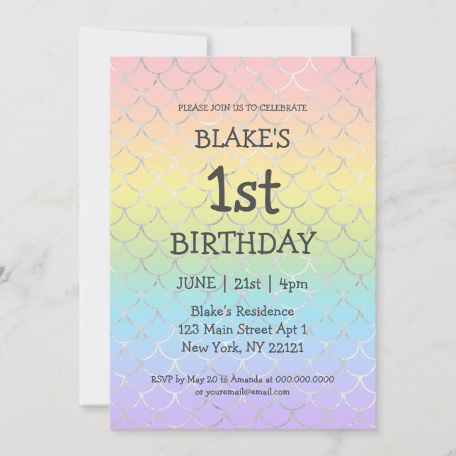 Girl First Birthday Mermaid Rainbow Invitation (Front)