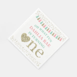 Girl First Birthday Party Napkins Pink Mint Gold