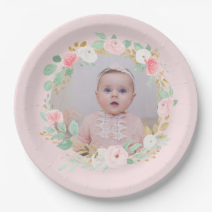 Girl first birthday Pink floral photo Paper Plate