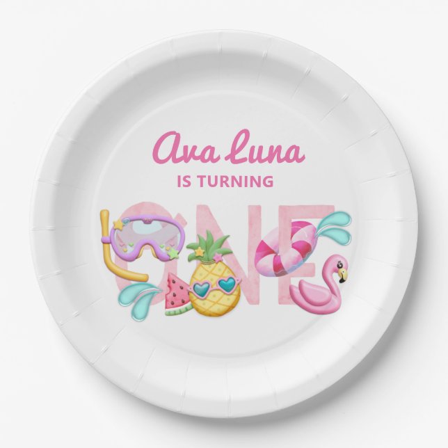 Girl First Birthday Summer Beach Party  Paper Plate (Front)