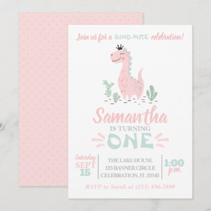 Girl First Birthday Watercolor Dinosaur Invitation