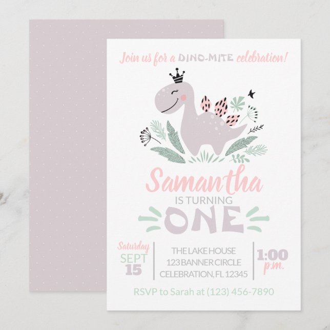 Girl First Birthday Watercolor Purple Dinosaur Invitation (Front/Back)