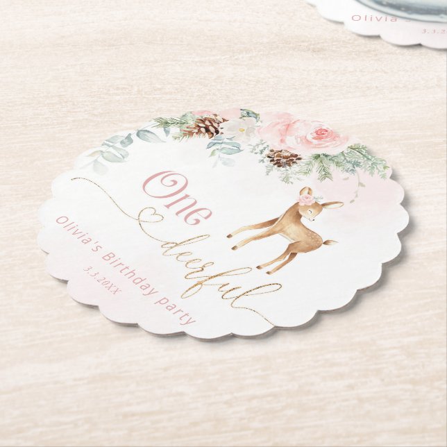 Girl first birthday winter One-deer-ful birthday Paper Coaster (Angled)