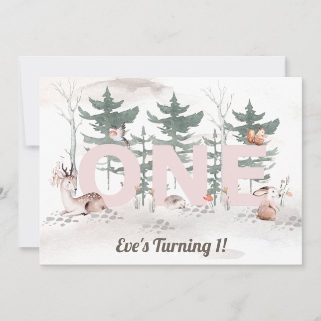 Girl First Birthday, Woodland Animals Pink One Invitation (Front)