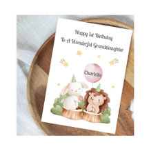 Girl First Birthday Woodland Rabbit Hedgehog Card