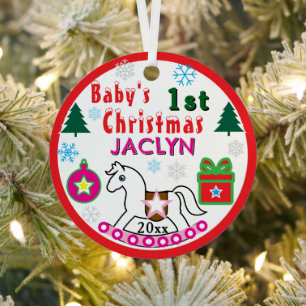 Girl First Christmas Peace White Rocking Horse Metal Tree Decoration
