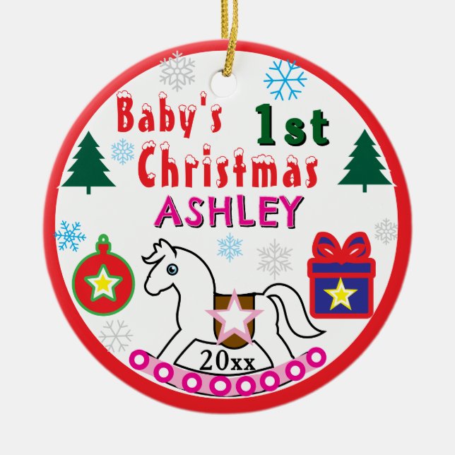 Girl First Christmas PHOTO White Horse  Ceramic Tree Decoration (Front)