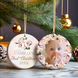 Girl First Christmas Pink Floral Photo Ceramic Tree Decoration