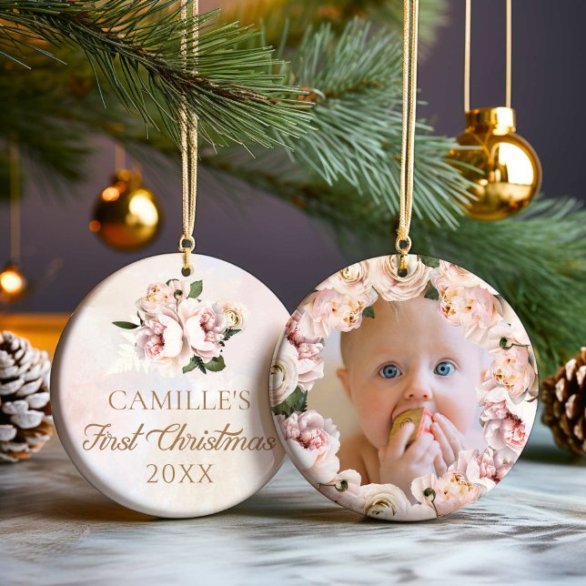 Girl First Christmas Pink Floral Photo Ceramic Tree Decoration (Personalized 1st Christmas Girl Floral Photo Ornament)