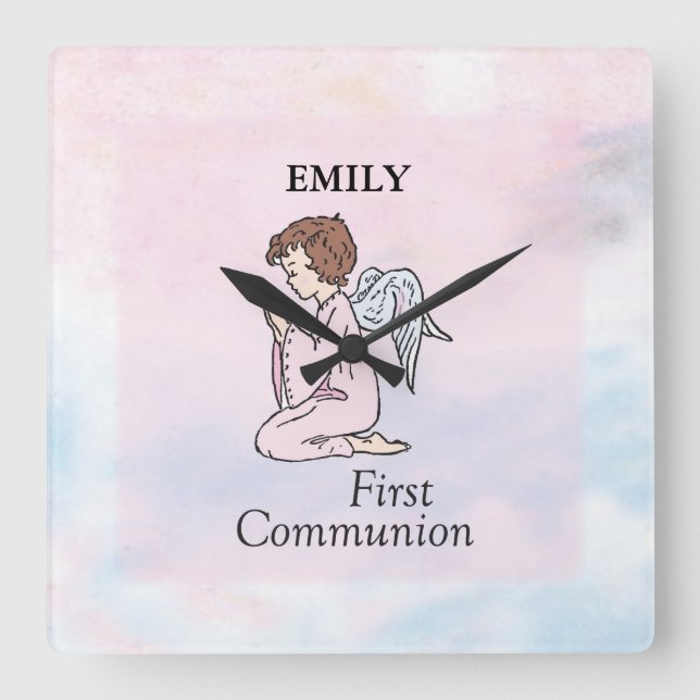 Girl, First Communion Angel Square Wall Clock (Front)