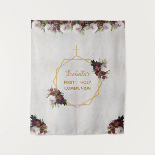 Girl First Communion Backdrop Gold Burgundy Marble Tapestry
