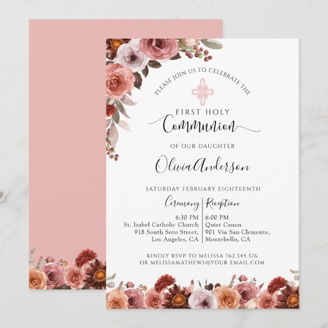Girl First Communion Blush Pink Floral Invitation (Front/Back)