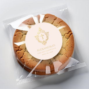 Girl First Communion Blush Pink Gold Crest Vintage Classic Round Sticker