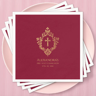 Girl First Communion Burgundy Elegant Gold Crest  Napkin