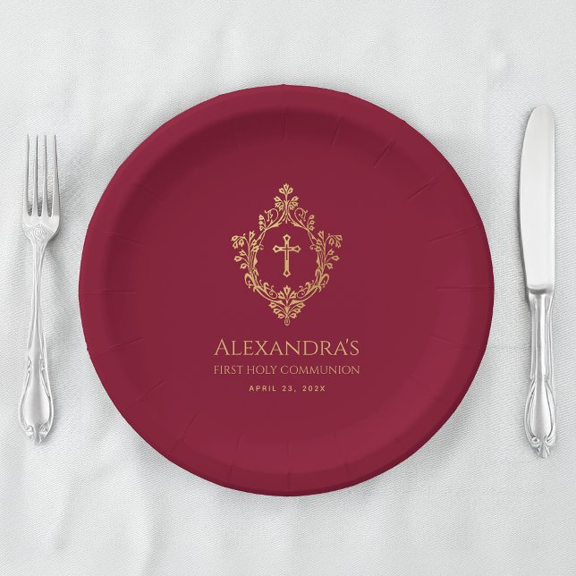 Girl First Communion Burgundy Gold Crest Elegant Paper Plate (Creator Uploaded)