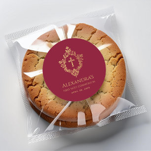 Girl First Communion Burgundy Gold Crest Religious Classic Round Sticker