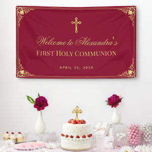Girl First Communion Burgundy Gold Cross Elegant Banner
