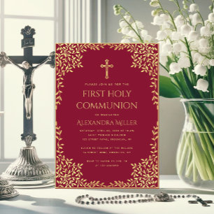 Girl First Communion Burgundy Gold Leaves Vintage Invitation