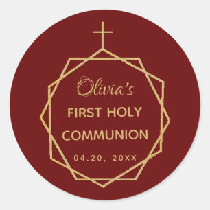 Girl First Communion Burgundy Red Gold Modern Classic Round Sticker