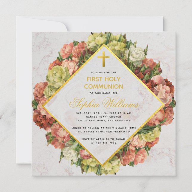 Girl First Communion Carnations Gold Cross Floral Invitation (Front)