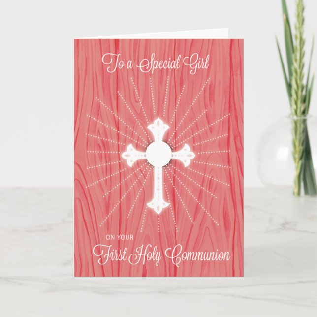 Girl First Communion Cross and Rays on Pink Wood Card (Front)